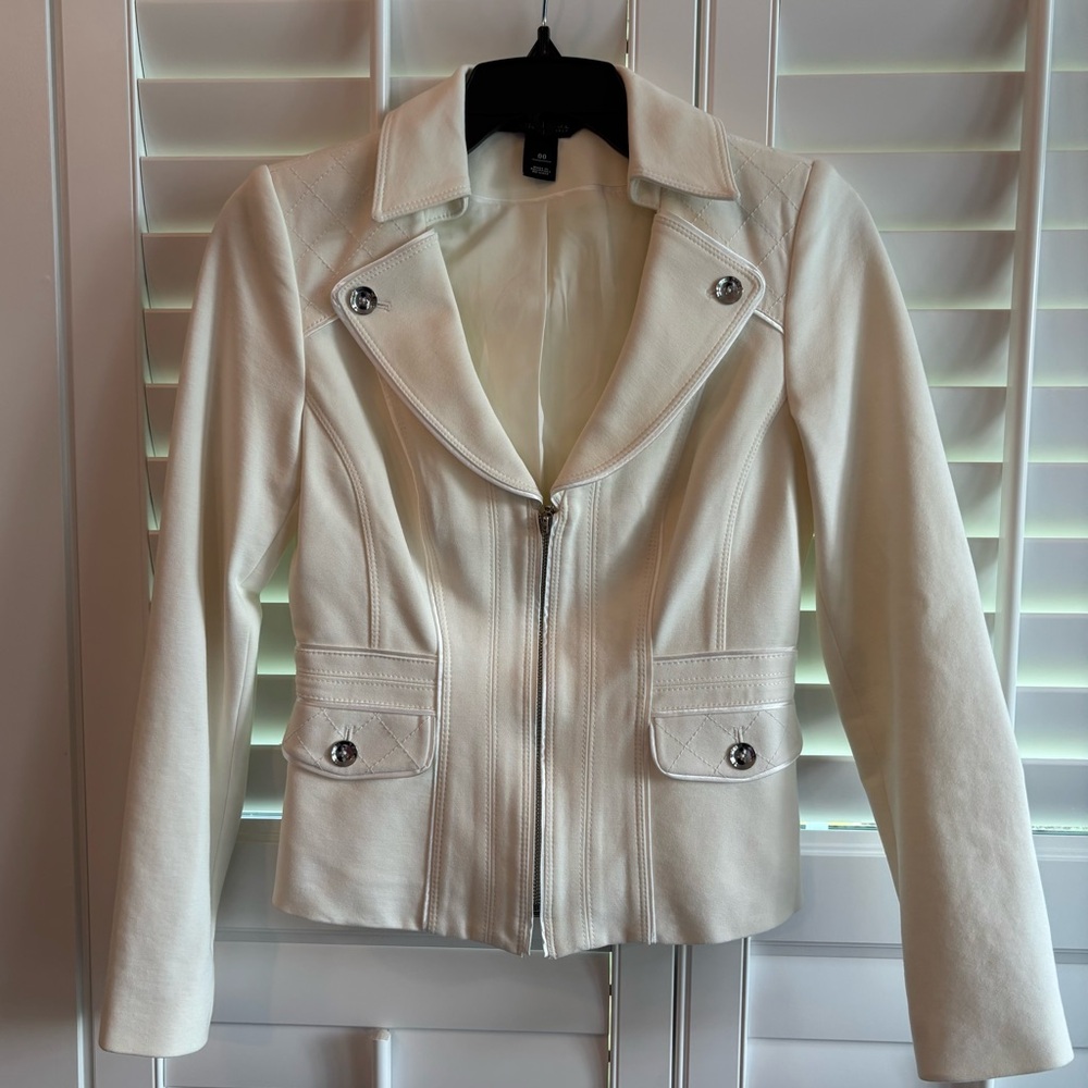 White House Black Market Cream Leather Jacket with Notched Lapel